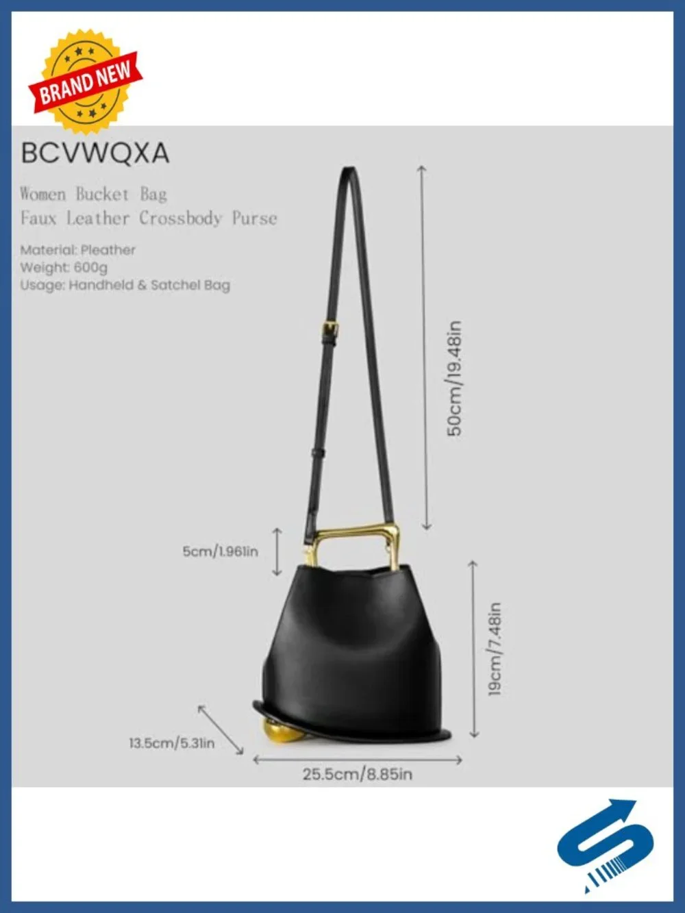 Faux Leather Bucket Bag Crossbody Purse Gold Metal Handle